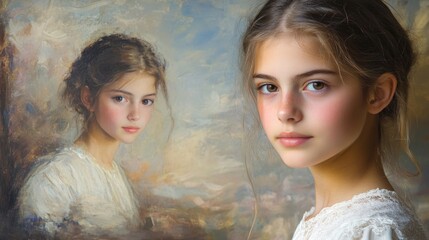 Sticker - Portrait of a young girl with long brown hair and delicate features, set against a soft pastel background depicting a classical painting style.