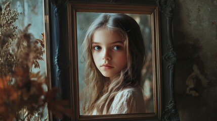 Wall Mural - Studio portrait of a contemplative young girl framed in vintage wood with soft natural light illuminating her wavy brown hair and delicate features.