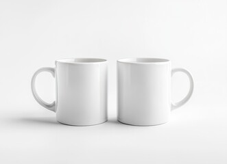 White coffee mug mockup, two mugs side by side on a white background. Mock-up template for design and print with copy space. Stock photo contest winner, high resolution, high detail