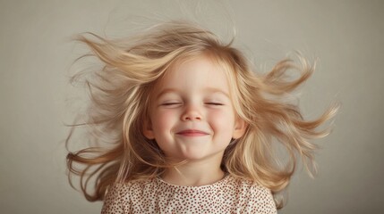 Wall Mural - Happy Blond Girl with Flowing Hair Smiling Joyfully in Light Cream Background Capturing Carefree Childhood Moments and Innocent Laughter