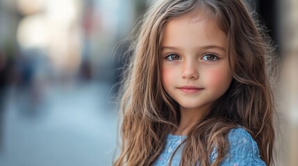 Canvas Print - Young girl with long wavy brunette hair and expressive eyes smiling confidently in a vibrant urban street setting during daylight.