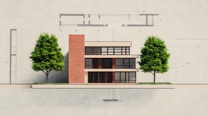 Wall Mural - Architectural Blueprint of Eco-Friendly House with Integrated Trees