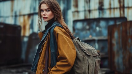 Wall Mural - fashionable young woman with long hair in a mustard oversized coat and a green bag standing outdoors near a rustic industrial background