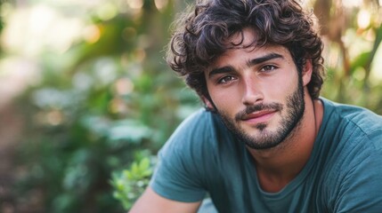 Wall Mural - Young man with curly hair and beard relaxing in lush green nature, close-up portrait in bright natural light, displaying calm and confidence.