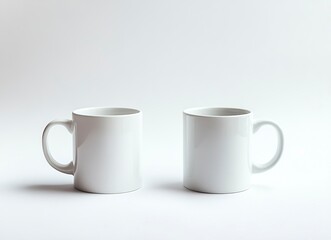 Wall Mural - White mug mockup, two mugs side by side on a white background, mock-up for design and print, high-resolution photography, high detail, stock photo, professional color grading, clear, sharp focus. 