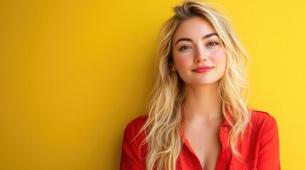 Wall Mural - Happy young woman with long blonde hair smiling at the camera wearing a red shirt against a vibrant yellow background in a casual setting