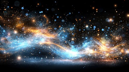 Wall Mural - golden bokeh crystals and light rays form an abstract background, complemented by a shiny flare text