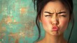 © The 2R Artificiality - Young Asian woman making a playful pout with scrunched face expression, featuring warm skin tones against a textured turquoise background.
