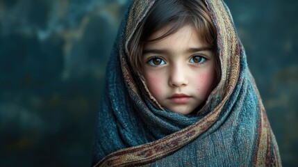 Wall Mural - Melancholic portrait of a young girl with long dark hair wrapped in a multicolored shawl against a softly blurred textured background.