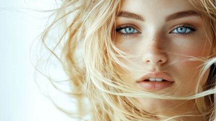 Wall Mural - Blond woman with flowing hair and blue eyes against a soft white background highlighting beauty and serenity.