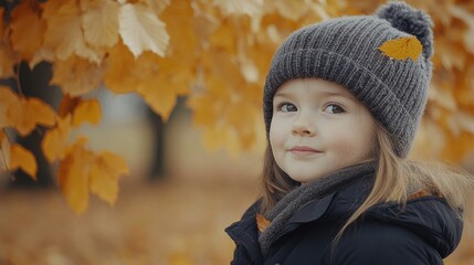 Wall Mural - Little girl with brown hair in gray knit hat enjoying autumn in a park surrounded by vibrant orange leaves and warm fall colors.