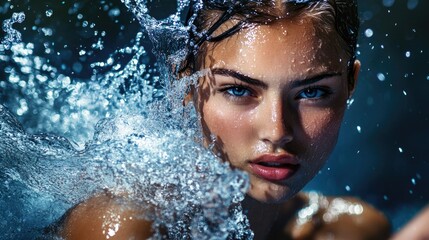 Sporty young woman with wet skin and bright blue eyes, captured close-up in splashing water with dynamic motion and vibrant reflections.