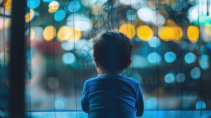 Canvas Print - little boy aged 4 sitting alone in blue playpen gazing at colorful bokeh lights reflecting through sheer curtain creating serene atmosphere