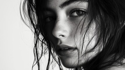 Sticker - Close-up monochrome portrait of female with freckled skin and wet hair set against a white background showcasing natural beauty and expression.