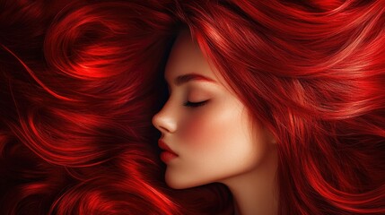 Wall Mural - Portrait of a young woman with flowing vibrant red hair, soft makeup, closed eyes, and delicate features, set against a rich, textured background.