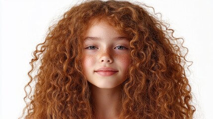 Wall Mural - happy girl with long curly red hair and light freckles smiling on white background portrait of a preteen child with positive expression and copy space