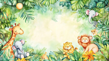 Wall Mural - A watercolor-style cartoon frame of safari animals borders a cute zoo background.