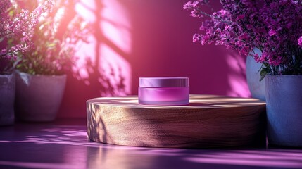 Poster - Luxurious Purple Cream Jar on Wooden Display with Blooming Flowers in Soft Sunlight
