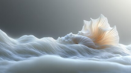 Aufkleber - Serene Seascape: An Abstract 3D Render of a Dreamlike, Textured, Sculpted Seashell Resting on a Wave of Soft, Flowing Fabric, Illuminated by Gentle Light