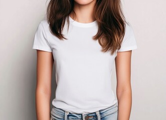 Wall Mural - Woman's T-shirt mockup, white color T-shirt on an isolated background, front view, close-up, stock photo. --ar 128:93 --v 6.1 Job ID: ee8d8741-51f2-4e0f-b1a1-733e8cb7db8f