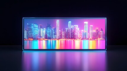 Wall Mural - Futuristic Skyline Reflected on Foldable Digital Screen with Smooth Interface Design