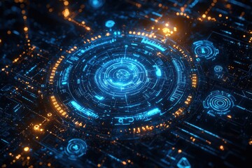Wall Mural - futuristic digital interface with glowing blue and orange technological circuits