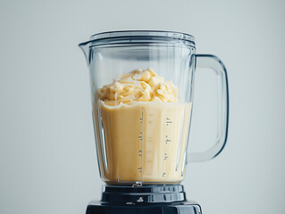 Artistic shot of a blender with creamy smoothie, isolating the details on a clean white background.