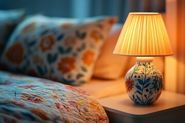 Wall Mural - Floral patterned lamp illuminates a bedroom, casting a warm glow on the bed and creating a cozy atmosphere