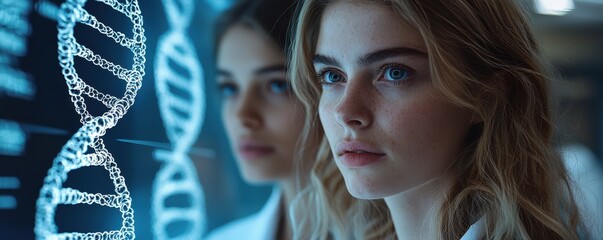 Wall Mural - two scientists examining virtual dna models in a modern research laboratory