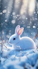 Wall Mural - 53. A white rabbit resting in a peaceful snowy glade, with soft snowflakes gently falling around it