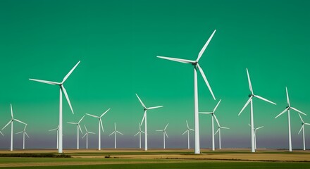 Wall Mural - Wind turbine landscape background. White turbines spinning against a neon green sky.