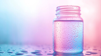 Canvas Print - glass jar filled with water, surrounded by droplets, creates serene and luxurious atmosphere. soft gradient background enhances visual appeal, making it perfect for cosmetic themes