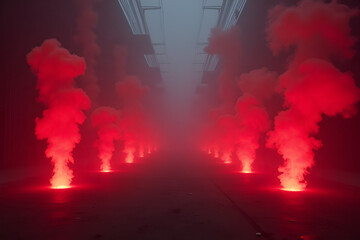 Wall Mural - a dark, foggy void where vibrant red neon smoke emerges from the ground, twisting and expanding symm