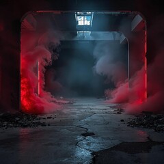 Wall Mural - a mysterious, abandoned warehouse with a cracked concrete floor, as dense red neon smoke spreads fro