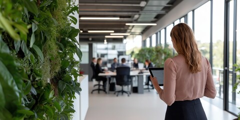 Wall Mural - Confident Young Professional Holding a Tablet in a Modern Co-Working Space