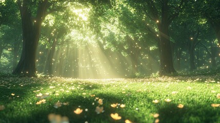 Wall Mural - Enchanting forest scene with sunbeams filtering through lush green trees