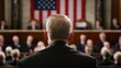 © AiAbstract - Rear view of a person in a formal suit addressing an assembly in front of an American flag in a grand chamber setting