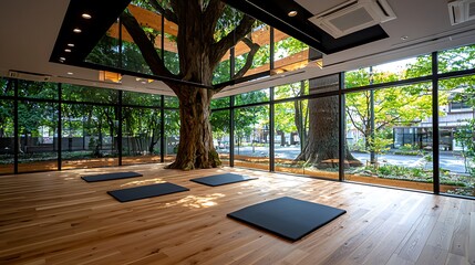 Sticker - Tranquil yoga studio with indoor tree, sunlight, and city view