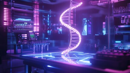 Poster - Futuristic DNA Model in Neon Lab Environment with High-Tech Equipment