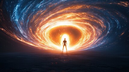 Wall Mural - Mysterious alien figure under glowing portal sci-fi art cosmic environment energetic viewpoint