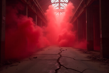 Wall Mural - a mysterious, abandoned warehouse with a cracked concrete floor, as dense red neon smoke spreads fro