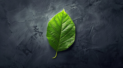 Sticker - A bright green leaf delicately placed in the center of a matte gray background with detailed veins clearly visible