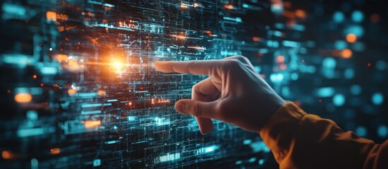 Hand interacts digital data screen, glowing background, tech concept