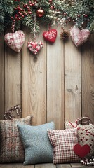 Poster - Rustic Christmas hearts on wood; festive background; holiday card