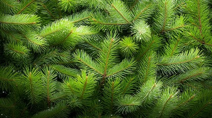 Lush green pine tree branches densely packed together, creating a vibrant natural backdrop