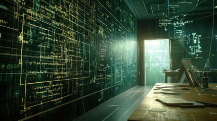 futuristic room, data wall, open door, sunlight, tech research