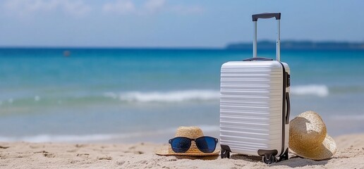 Wall Mural - Suitcase, hats, sunglasses on sandy beach; ocean background. Travel