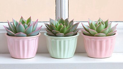 Wall Mural - Three succulents in pastel pots on a windowsill