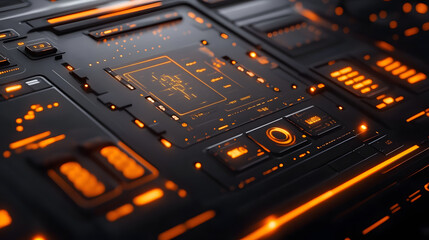 futuristic interface design with orange buttons and accents, featuring a digital user interface layo