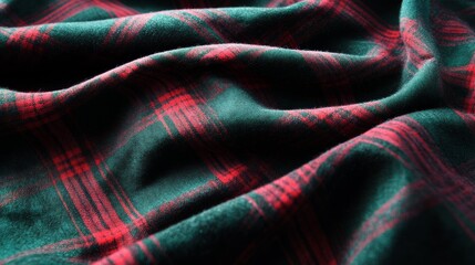 Wall Mural - Draped Red and Green Plaid Fabric Texture Close-up Photography, Textile Design Concept, Fabric Background Plaid, Texture